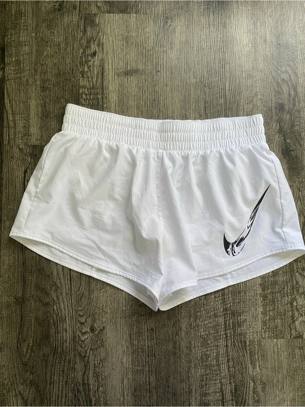 Nike Dri-Fit Running Shorts Women's Large White Black Swoosh Logo Athletic NWOT